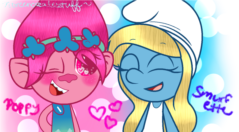 Poppy And Smurfette By Noreencreatesstuff - Dreamworks Trolls Vs Smurfs (1024x556)