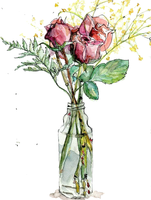 Garden Roses Vase Watercolor Painting Drawing Illustration - Flowers In Vase Watercolor Png (500x662)