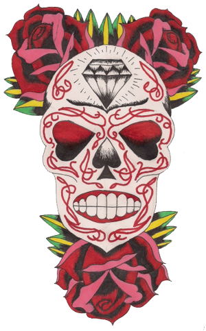 Sugar Skull And Rose Flowers Tattoos Design - Day Of The Dead Skull Colored Tattoos (300x483)