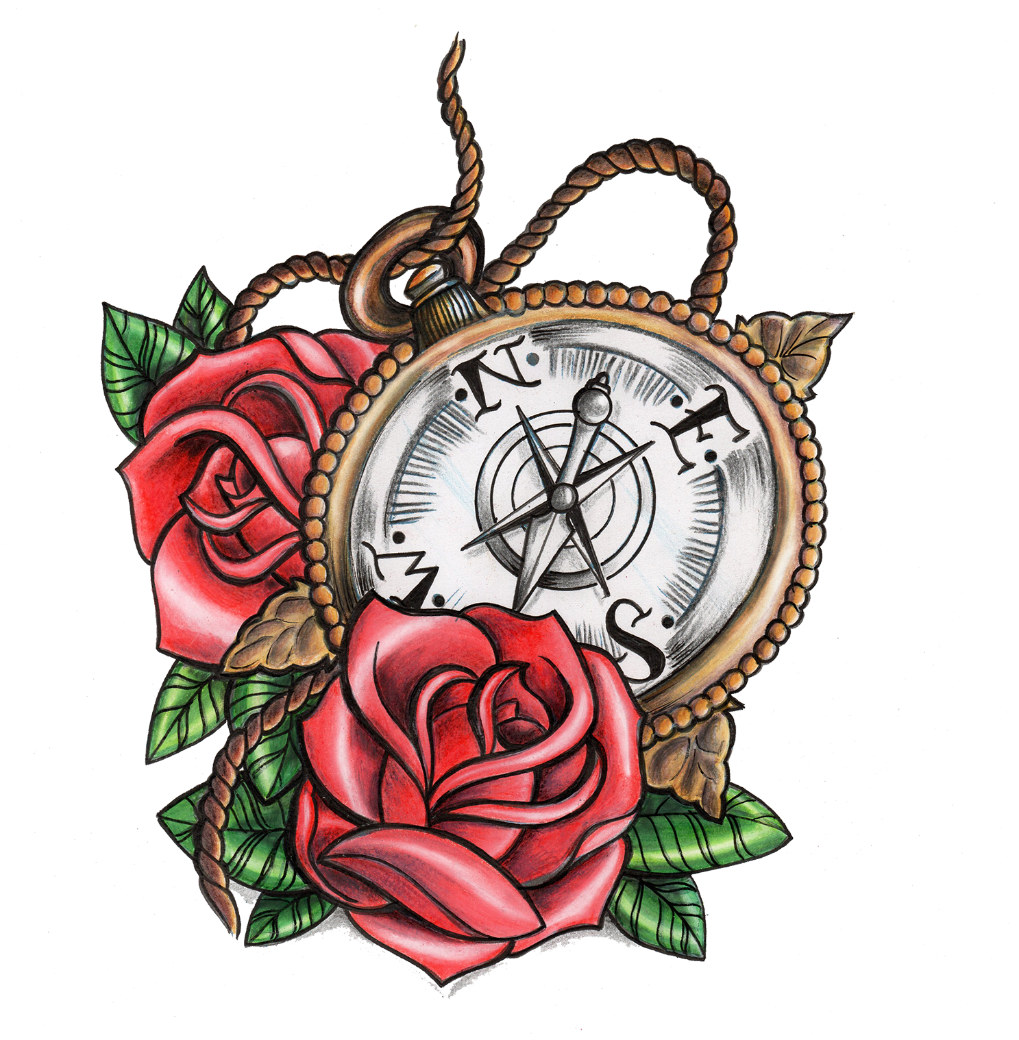 Tattoo Rose Old School Ancre Tatoo Antique Compass - Tattoo Old School Rose (1500x1517)