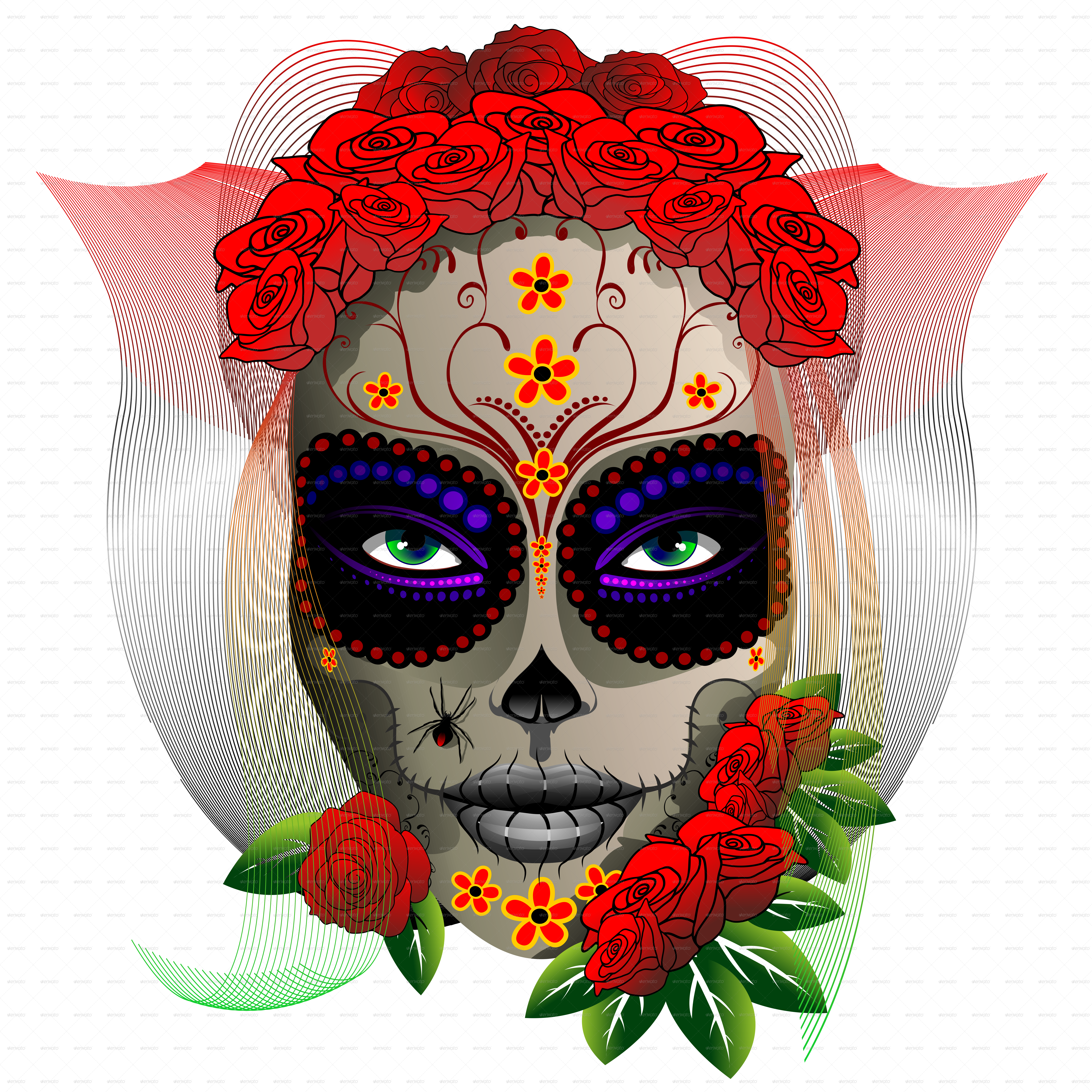 Dia De Los Muertos Sugar Skull Girl With Roses Portrait - Skull Girl Dia De Los Muertos Ornament (round) (6500x6500)