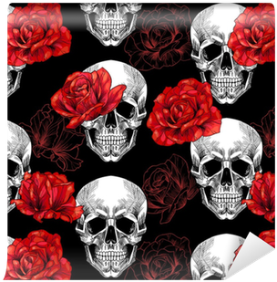 Skull And Red Roses On Black Background - Papel De Parede Caveira Com Rosas (400x400)