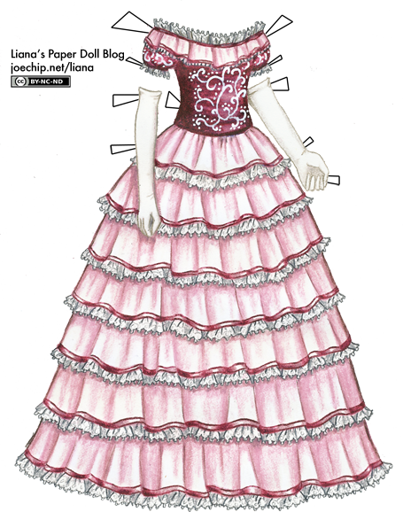 Pink 1860s Ball Gown With White Scroll Pattern Liana - Paper Doll Ball Gown (455x578)