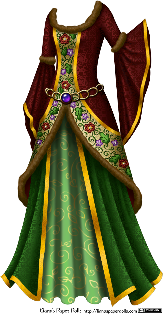 A Gown With A Red Overdress And Green Underskirts - Medieval Dress Png (581x1096)