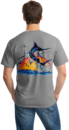 Blue Marlin Sunrise Charter Boat Deep Sea Fishing Outer - Heather Military Green Gildan (360x547)