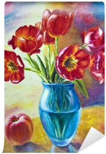 Still Life With Tulips And Peach, Oil Painting On Canvas - Drawing On Still Life With Colors (400x400)