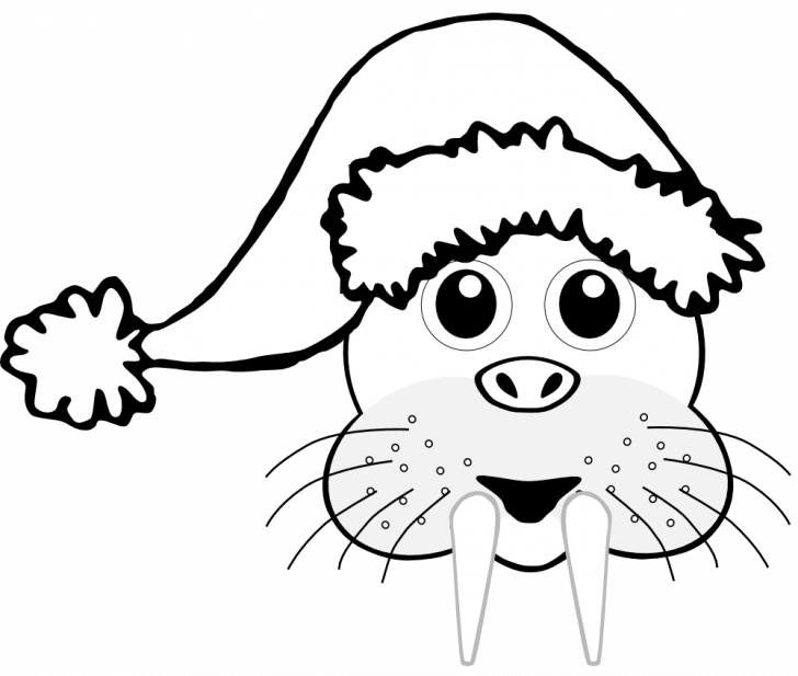 Walrus Head Cartoon Brown Santa Hat Black White Line - Christmas Hat (728x617)