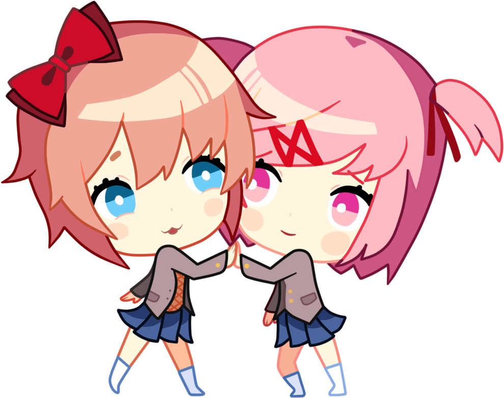 Sayori And Natsuki Chibi Commission By Evaheartsyou - Doki Doki Literature Club Chibi Sprites (1024x812)