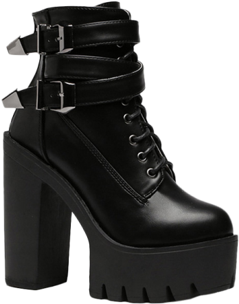 Double Buckle Platform Zipper Short Boots Black Women - Korean Women Cheap Boots Stylish Tie Up (500x500)