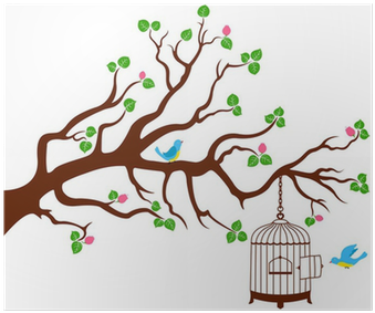 Tree Branch With Bird Cage And Two Birds Poster • Pixers® - Desenhos Arvore Passaros (400x400)