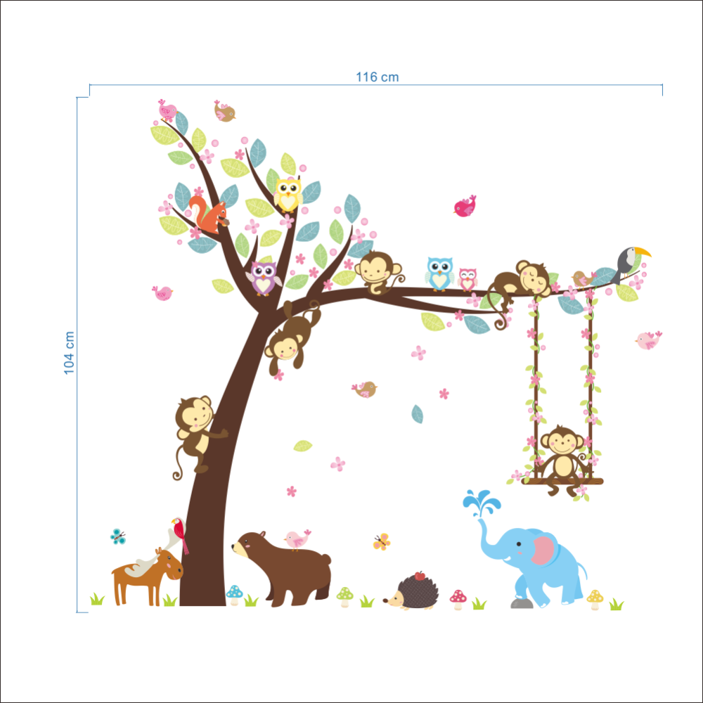Zy139 Elefante Oso Mono Búho Ardilla Árbol Bosque Etiqueta - Asipartan Kids Nursery Room Decoration Animal Wall (1000x1000)