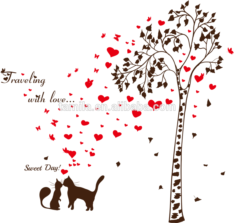 Loving Heart Butterfly Sweet Cat Tree Branch Vinyl - Gearbest Lover Cat Tree Heart Butterfly Vinyl Wall (800x800)