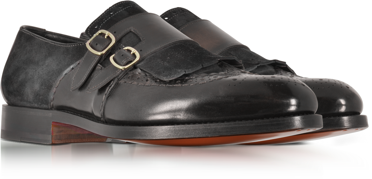 Dark Brown Suede And Leather Double Monk Strap Shoes - Monk Shoe (1560x580)