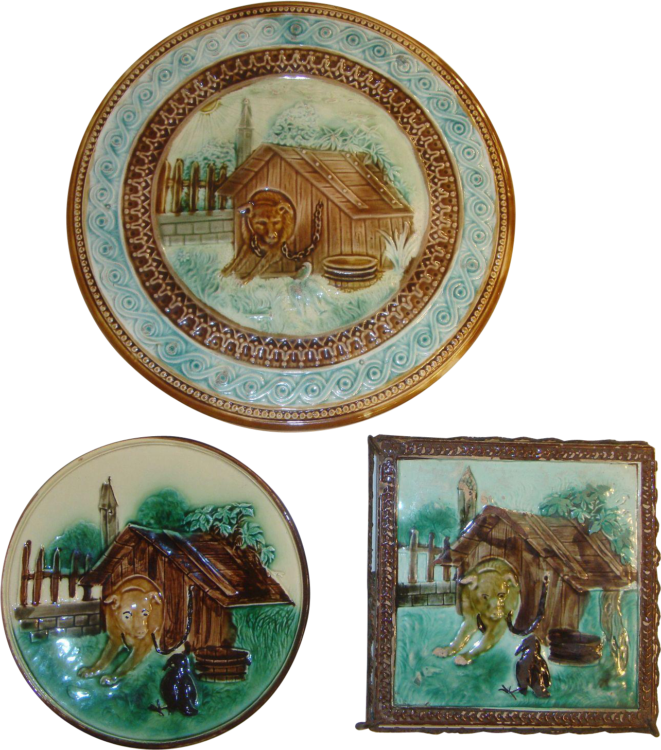 Lovely Antique Matched Majolica Set With Dog, Doghouse, - Plate (1457x1457)
