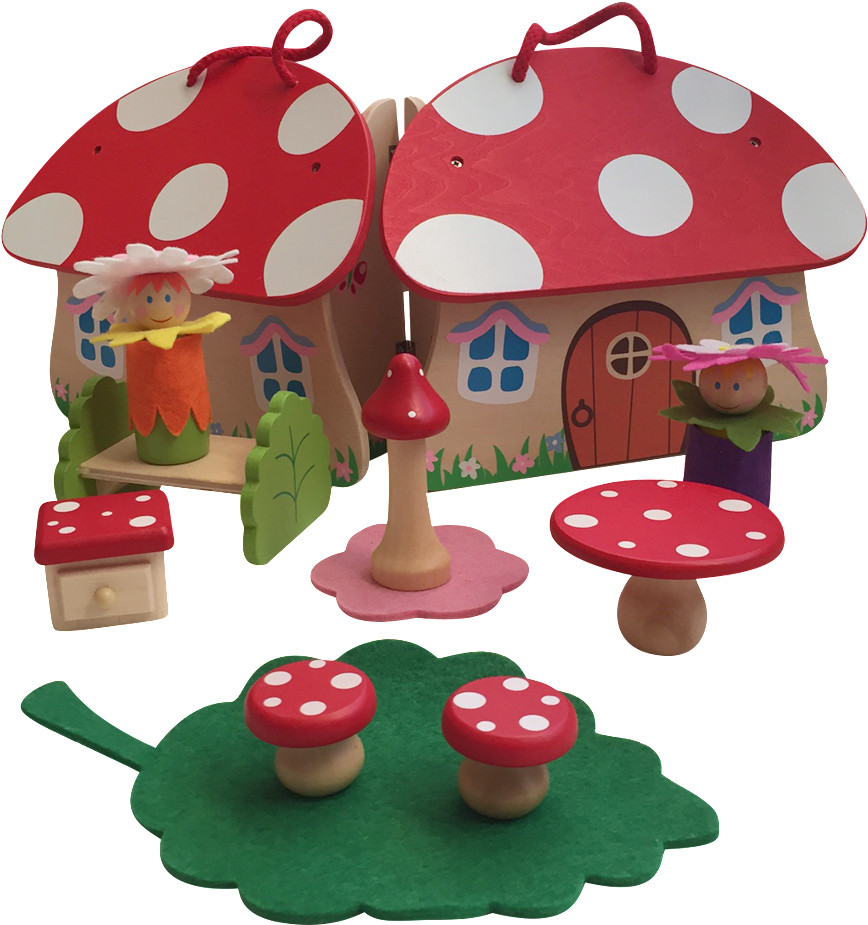 Fairy Toadstool Playset Wooden House In Travel Carry - Mushroom (1024x1024)