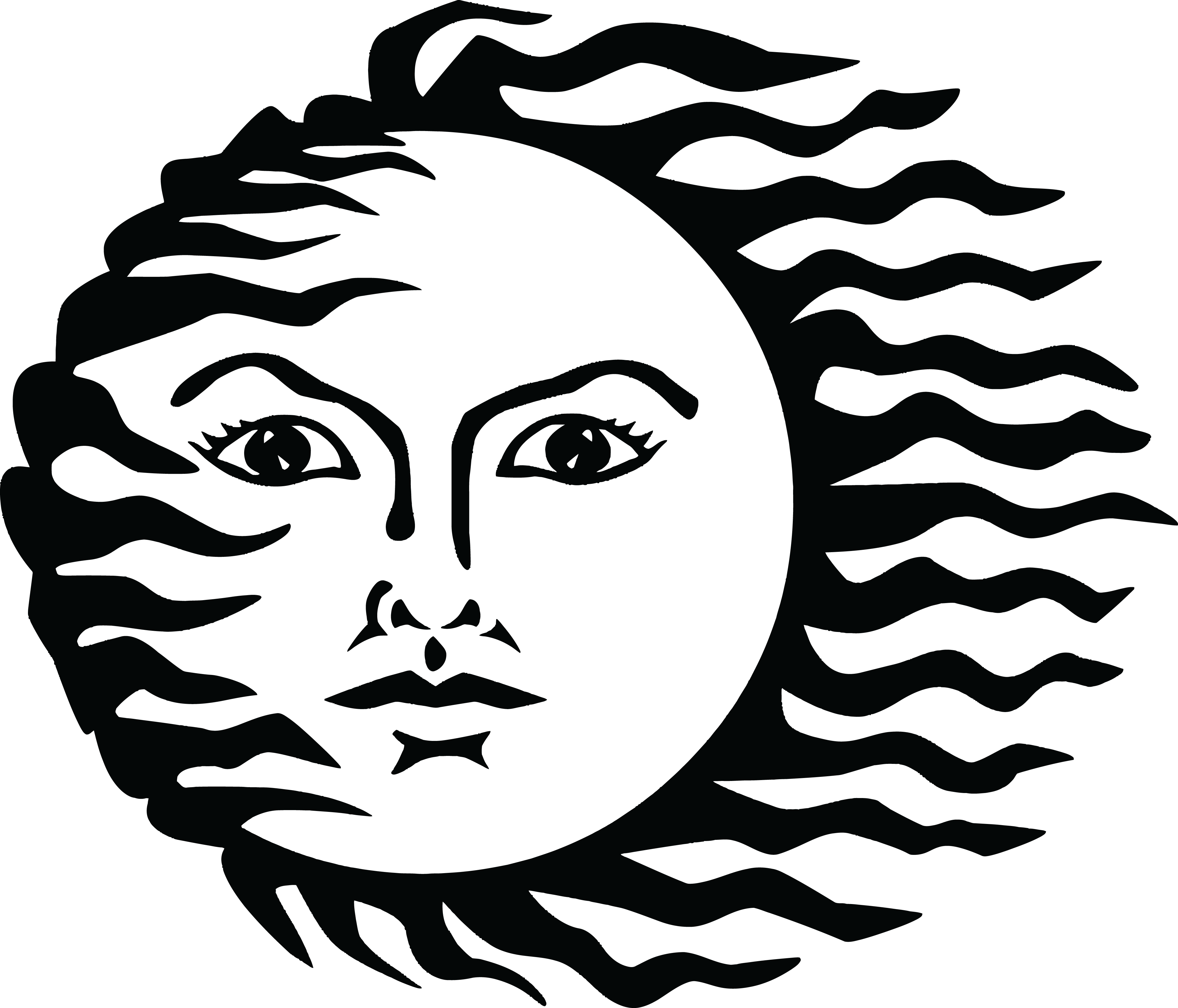 Free Clipart Of A Sun With Hair Waving In The Wind - Sun Black And White Png (4000x3423)
