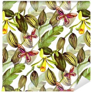 Seamless Pattern With Tropical Leaves And Vanilla Orchid - Orchids (400x400)