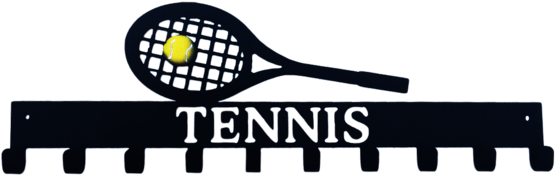 Tennis Racket Black & Yellow 10 Hook Medal Display - Squash Tennis (560x224)