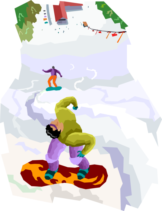 Vector Illustration Of Snowboarders Snowboarding Down - Cartoon (537x700)