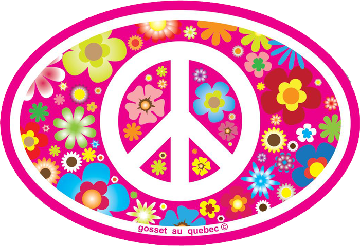 Peace Sign On Hippie Flowers - Peace Sign Symbol Over Pink Hippie Flowers Oval Small (700x479)
