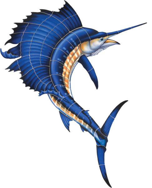 Porc-ss15 68"x53" Sailfish Porcelain Pool Mosaic - Sail Fish Logo (487x600)