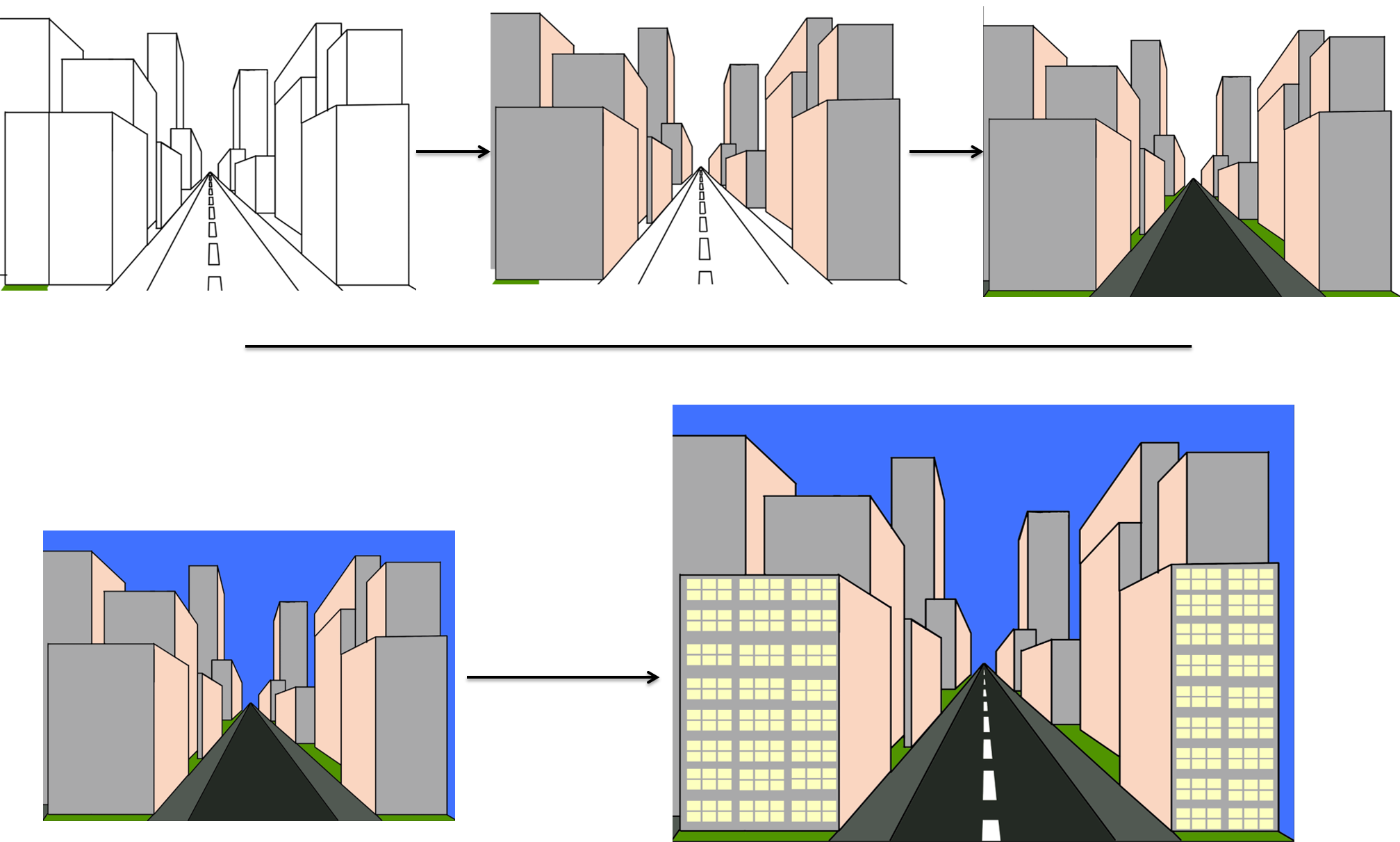 How To Make 1 Point Drawing - Road With Buildings Drawing (2015x1211)