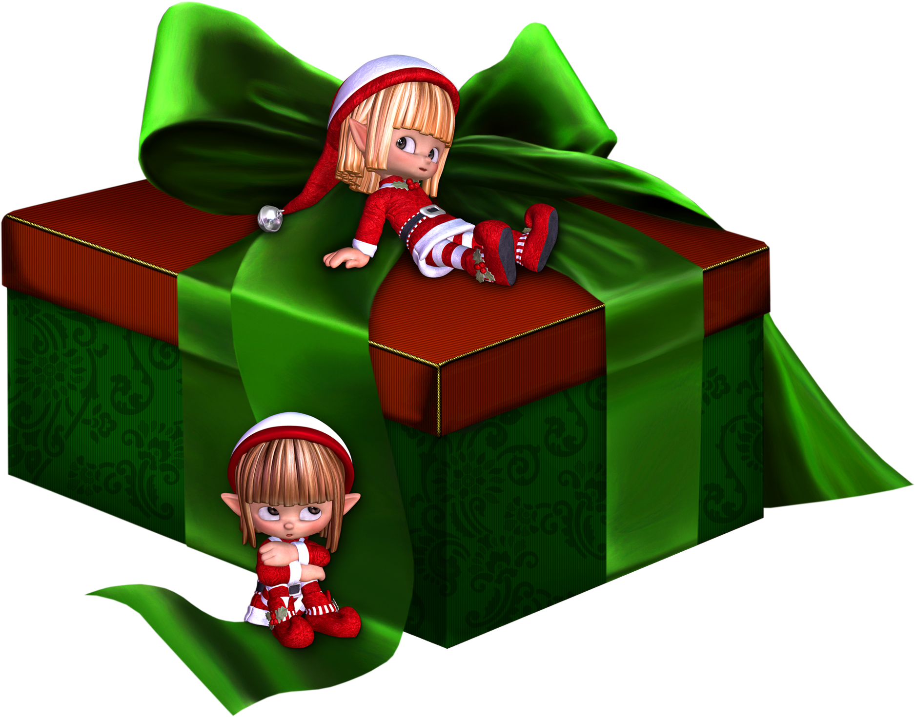 Green And Red 3d Present With Elfs Clipart - Merry Christmas Card (1900x1518)