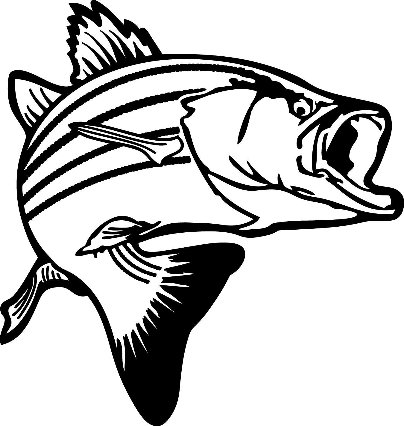 Jumping Bass Fish Clip Art - Fish Clipart Black And White (1350x1421)