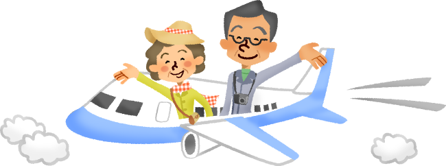 Senior Couple Traveling By Airplane - Women Traveler Cartoon Png (650x242)