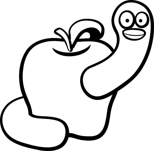 Drawing Black, Apple, Fruit, Apples, Worm, Outline, - Printable Birthday Cards For Teachers (640x627)