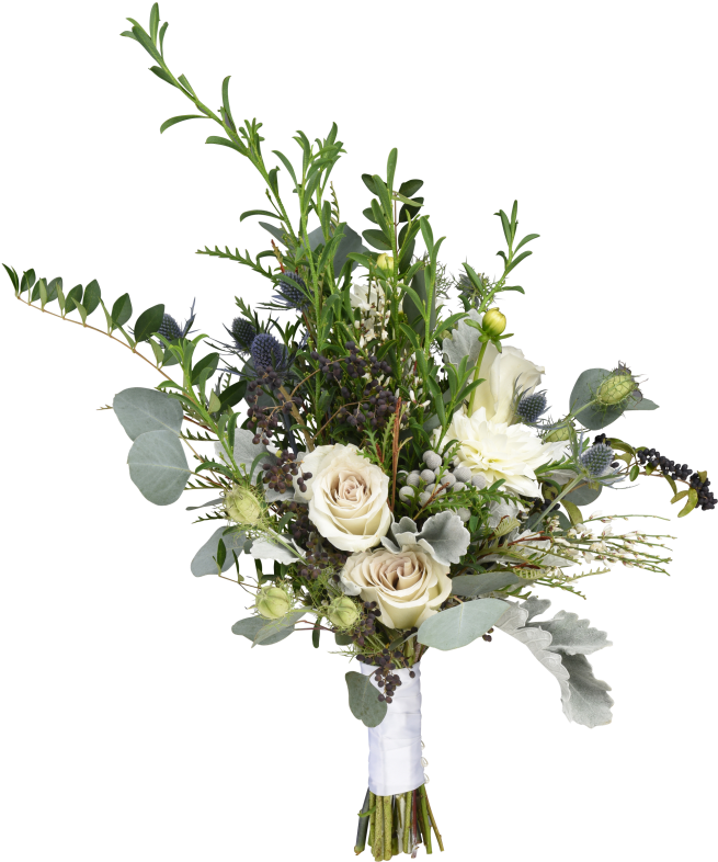 Clic Bouquet With Dahlias Roses Eryngium Nigella Dusty - Bouquet (848x1024)