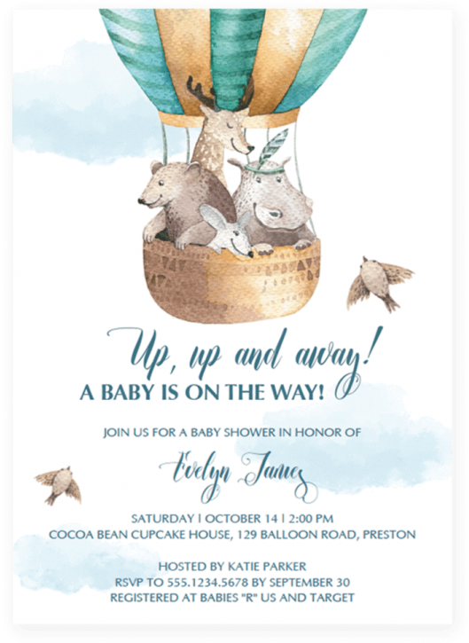 Hot Air Balloon Baby Shower Invitation Templates And - Party-tier-heißluft-ballon-alles Gute Zum Karte (616x770)