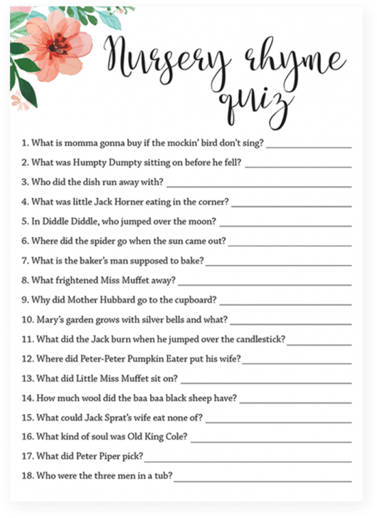 Floral Baby Shower Nursery Rhyme Quiz Printable Littlesizzle - Baby Shower (616x770)