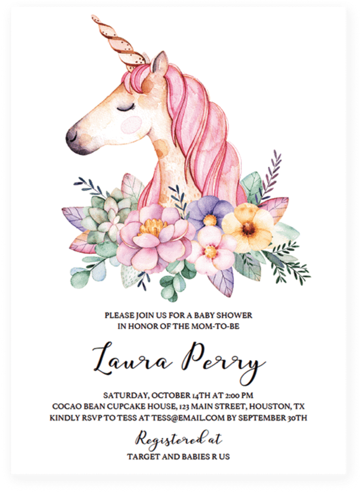 Unicorn Baby Shower Invitation Us Letter Format Of - Unicorn With Flowers Clipart (819x1024)