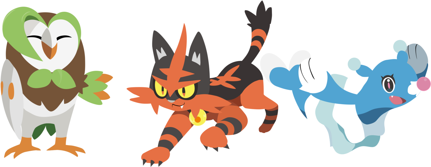 Pokemon Sun And Moon Starter Evolutions - Pokemon Sun And Moon Starter Pokemons Png (1600x758)