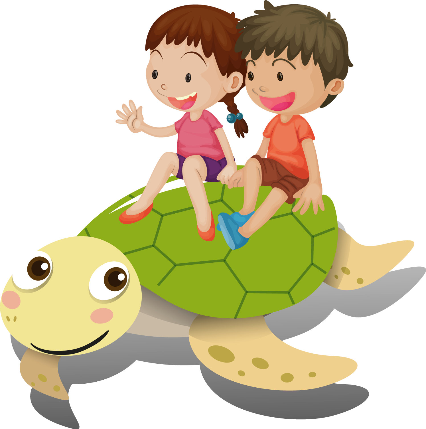 Cartoon Boy Girl Illustration - Child Riding Turtle Cartoon (1494x1504)