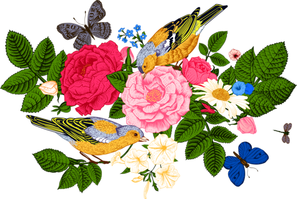 Spring Birds - Victorian Style Flowers (600x402)