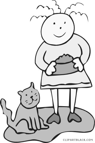 Girl With Cat Animal Free Black White Clipart Images - Feeding The Cat (396x594)