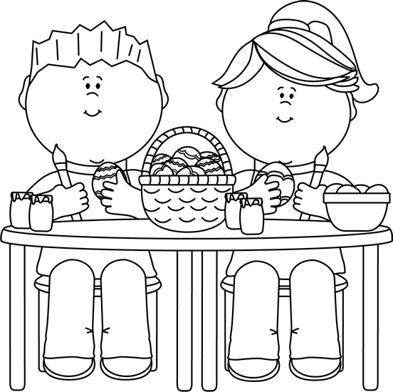 Black And White Kids Painting Easter Eggs - Easter Eggs Painting Clipart Black And White (552x550)