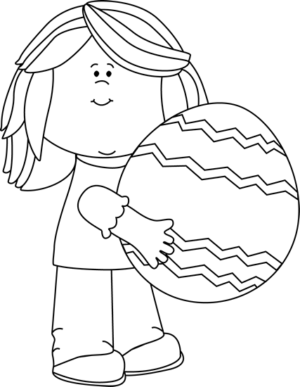Black And White Girl Holding A Big Easter Egg - Girl Egg Easter Clipart Black And White (427x550)