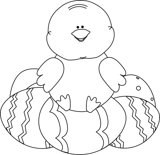Black And White Chick Sitting On Easter Eggs - Black And White Easter Clip Art (550x532)