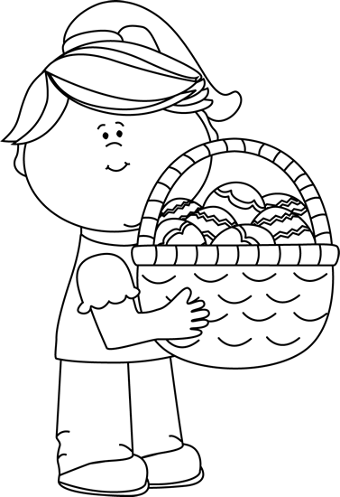 Black And White Girl Holding A Big Easter Egg - Easter Girl Black And White Clipart (377x550)