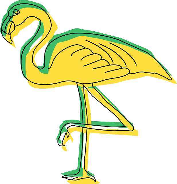 Yellow, Bird, Wings, Art, Flamingo, Long, Animal - Fenicottero Verde (617x640)