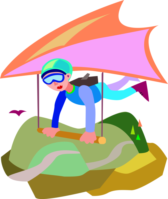 Vector Illustration Of Hang Gliding Pilot Flies Hang - Cartoon (591x700)