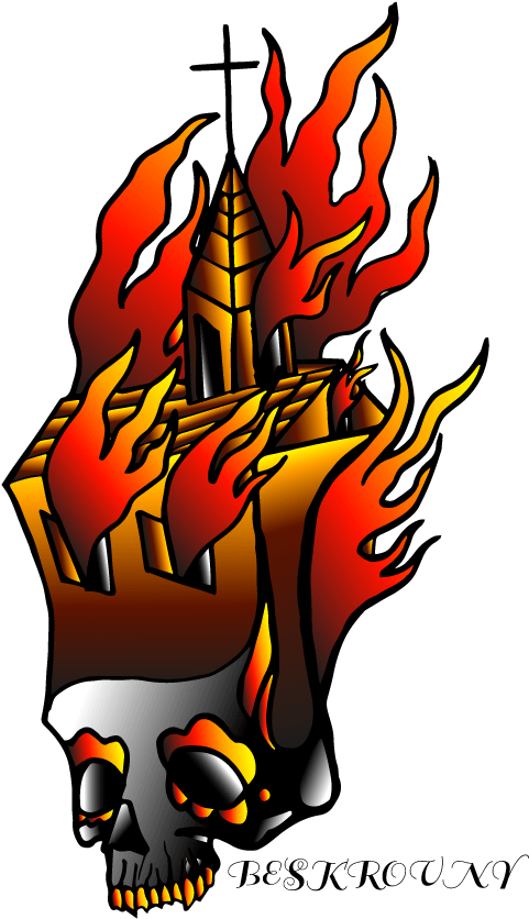 #oldschool #religion #skull #church #fire #tattoo #tatooink - Illustration (768x1024)