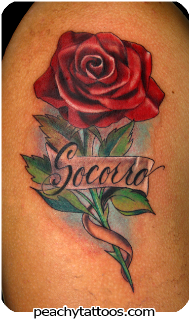 Faith And Mama Banner Nice Red Rose Old School Tattoo - Rose Tattoo Design With Name (400x651)