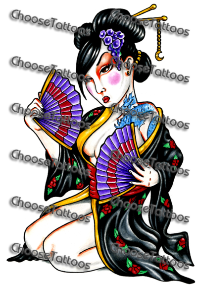 Colored Fans And Geisha Tattoo Design - Butterfly And Stars Tattoo Designs (400x574)
