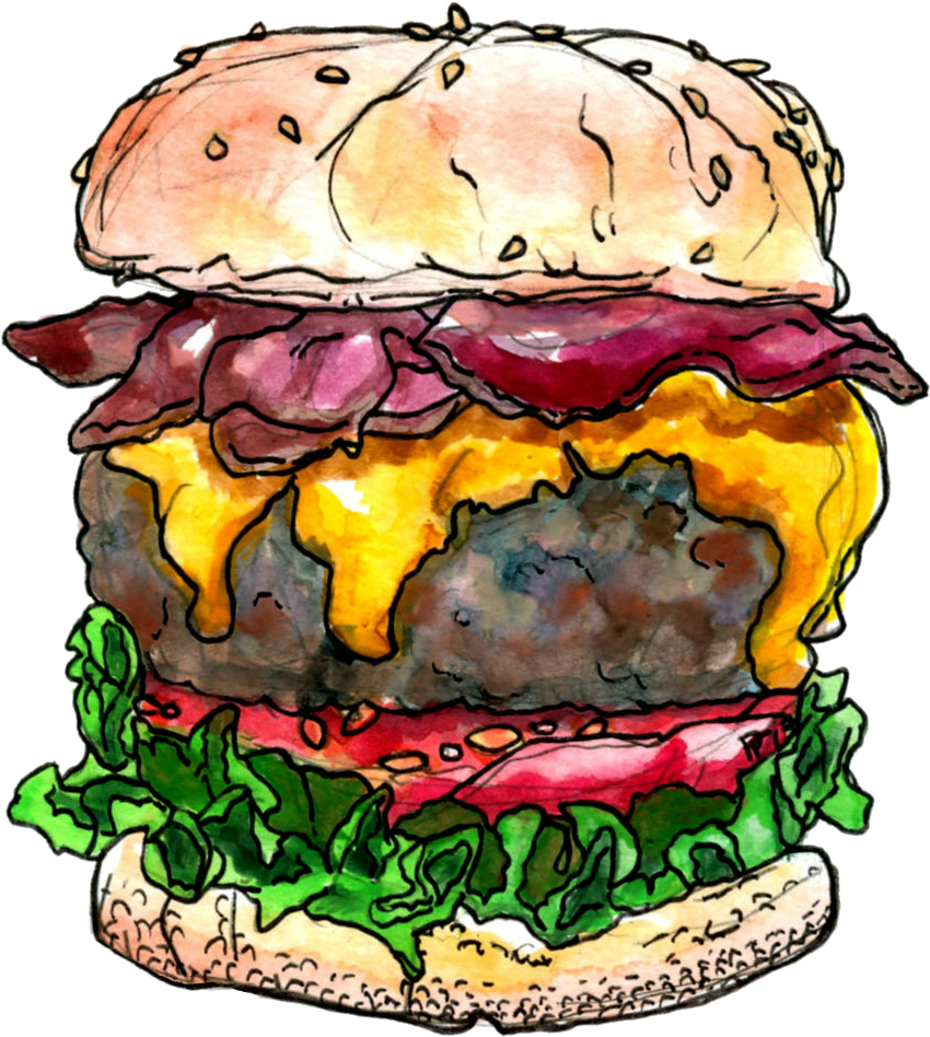 Bacon Cheeseburger Watercolor And Pen - Burger Png (900x1011)