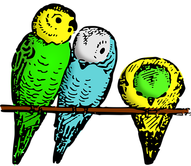 Green And Yellow Budgie Perched On A Stick Cartoon - Parakeet Cartoon Transparent (390x340)