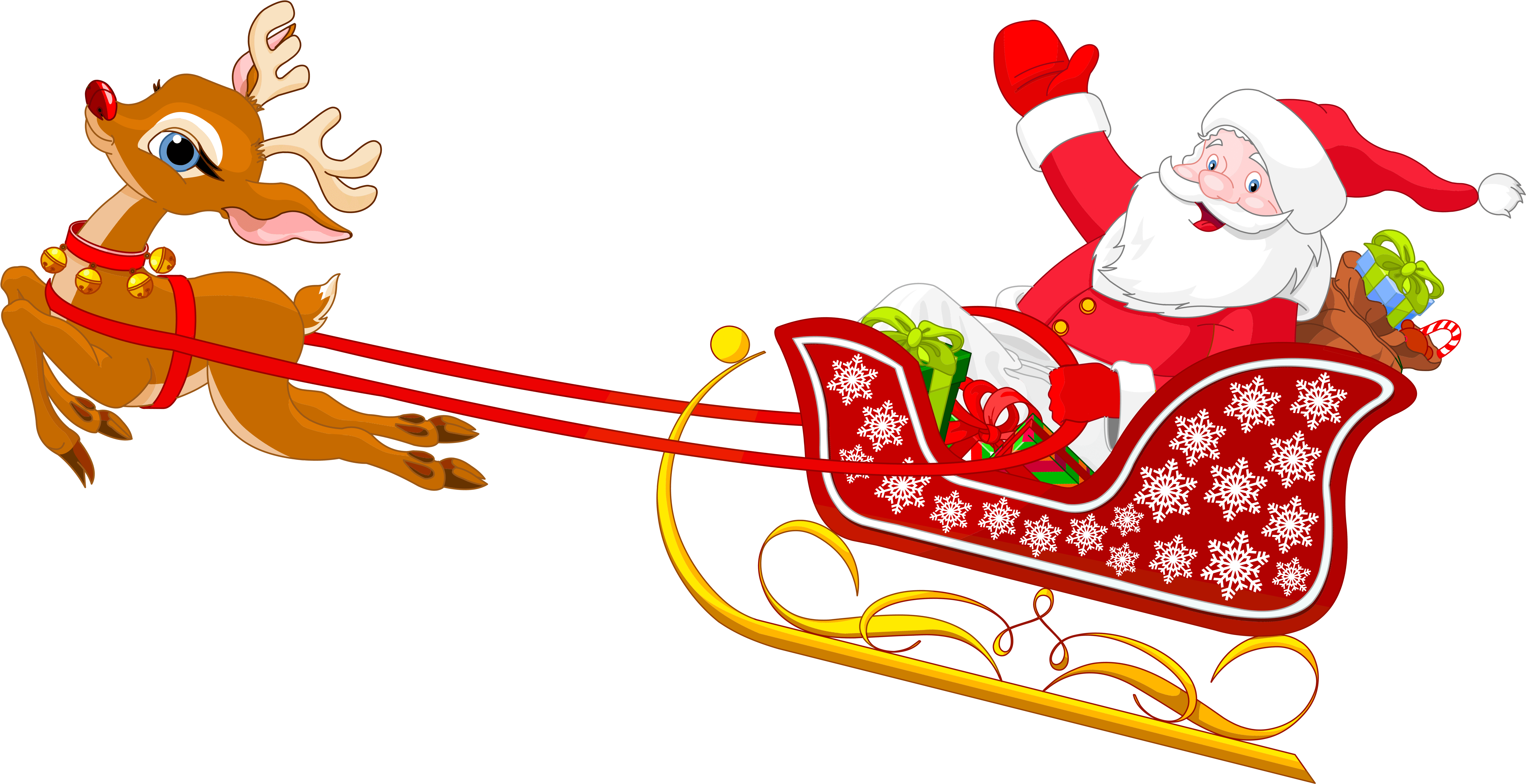 Santa And Reindeer With Sled Png Clipart - Santa Claus With His Sleigh (6337x3579)